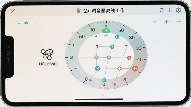 琵琶调音器离线工作界面,显示无网络连接图标,主界面仍正常显示调音表盘,背景干净,无广告元素,配色柔和