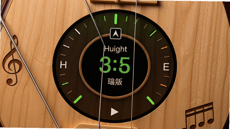 琵琶调音器主界面展示,一个圆形调音表盘,中央显示当前音高,四周有四个琴弦标识,背景为木质纹理,整体色调温暖,画质清晰,干净无多余元素