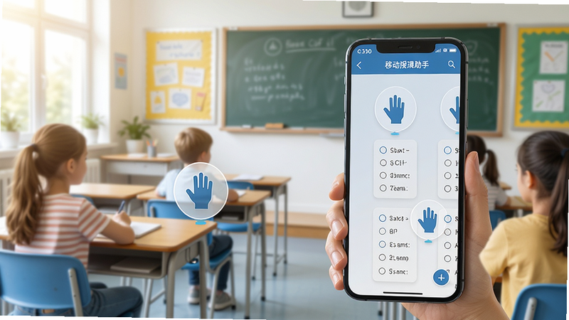 C30移动授课助手互动答题界面,教师手机显示选择题,学生举手图标,背景课堂场景,明亮色调,干净整洁