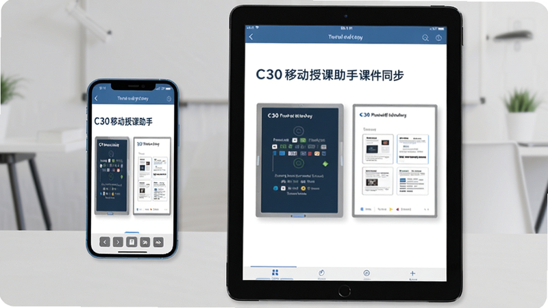 图片展示C30移动授课助手的课件同步功能,手机和平板并排显示相同课件内容,背景简洁,风格现代,画质清晰,无多余元素