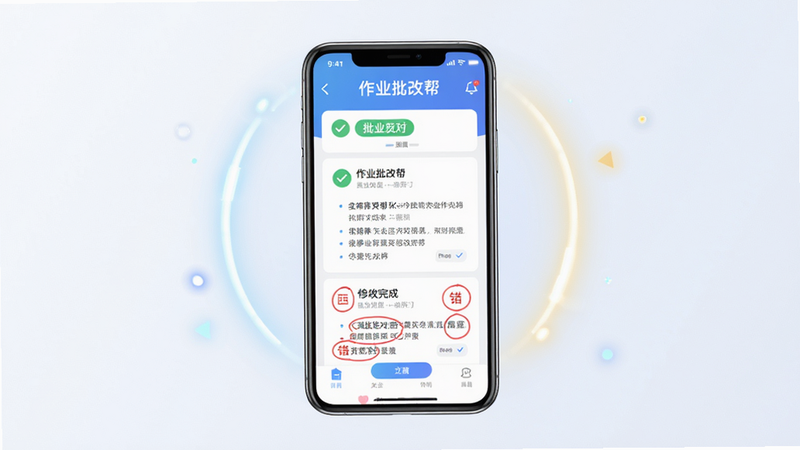 主体:作业批改帮App界面截图,中间显示一部手机,屏幕上有“作业批改帮”字样和批改完成的作业预览图,布局:手机居中,周围有柔和光效,排版:简洁大方,风格:写实与科技感结合,细节:手机屏幕上清晰显示批改对勾和错题红圈,画质:4K超清,干净无多余元素