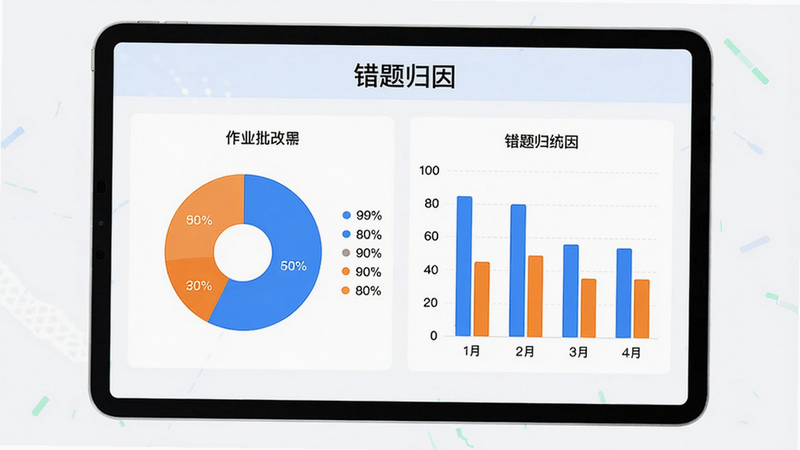 主体:作业批改帮的错题归因界面,显示饼图与条形统计图,布局:平板设备横屏展示,排版:数据可视化风格,风格:简洁明快,细节:图表上方有“错题归因”标题,颜色使用蓝橙对比,画质:高清,无多余文字,干净