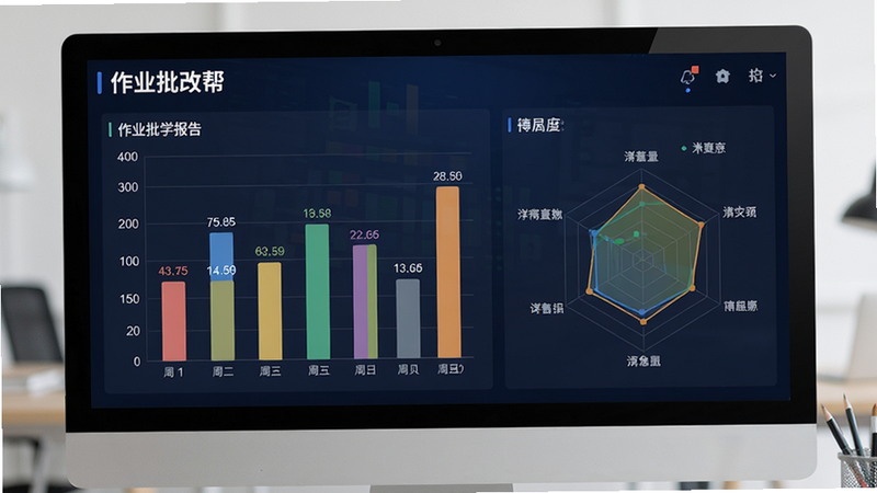 主体:作业批改帮学情报告页面,显示彩色柱状图与雷达图,布局:电脑屏幕截图,排版:专业报告样式,风格:商务数据大屏,细节:左上角有“作业批改帮”字样,图表数据标签清晰,画质:超清,干净无多余元素