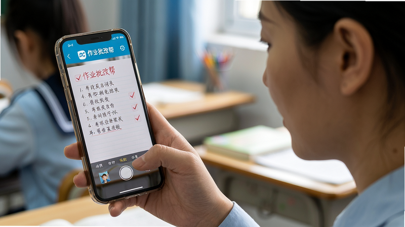 主体:教师使用手机拍摄学生作业本,屏幕上显示批改结果,布局:人物侧面取景,手机屏幕特写,排版:自然流畅,风格:真实生活场景与科技融合,细节:作业本上的铅笔字迹清晰,手机屏幕有“作业批改帮”Logo和批改对勾,画质:超清,干净无多余元素