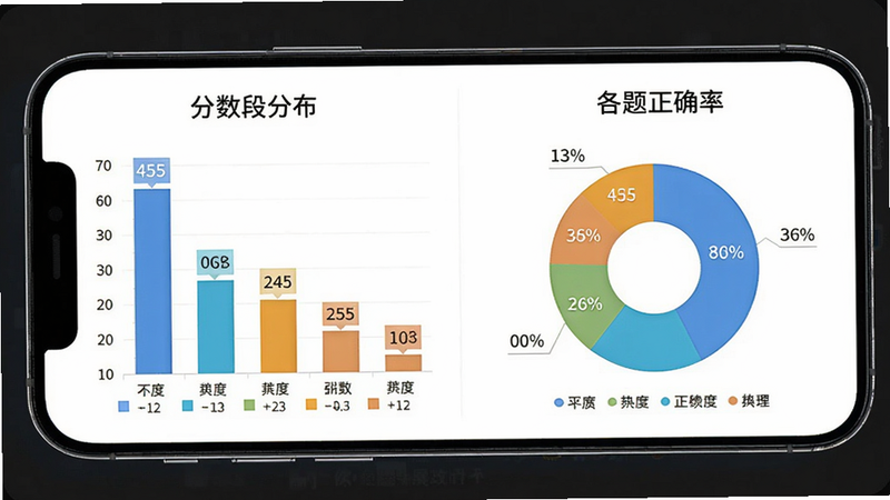 作业批改帮一键成绩分析功能展示,主体为手机屏幕显示柱状图与饼图,布局左右分区,左侧为分数段分布,右侧为各题正确率,排版专业,风格商务,细节有数据标签与颜色区分,画质高清,干净无多余元素。