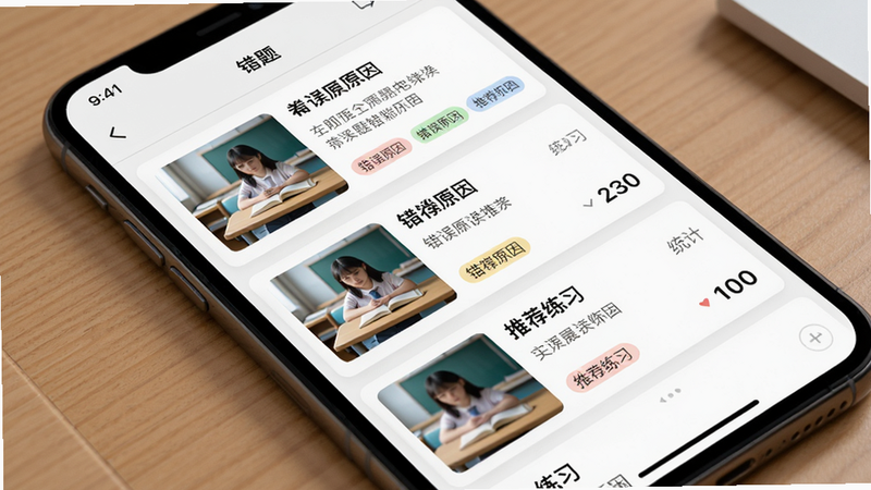 作业批改帮错题智能归纳界面展示,主体为手机屏幕显示错题列表,布局采用列表式,每一条错题包含题目图片、错误原因、推荐练习,排版规整,风格清晰,细节有分类标签和统计数字,画质高清,干净无多余元素。