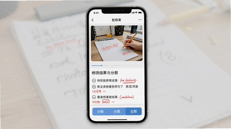 作业批改帮核心界面展示,主体为手机屏幕显示批改作业的界面,布局采用上下结构,上方为待批改的作业照片,下方为批改结果与分数,排版清晰,风格现代简约,细节包括红色批改标记和评语,画质高清,干净无多余元素。
