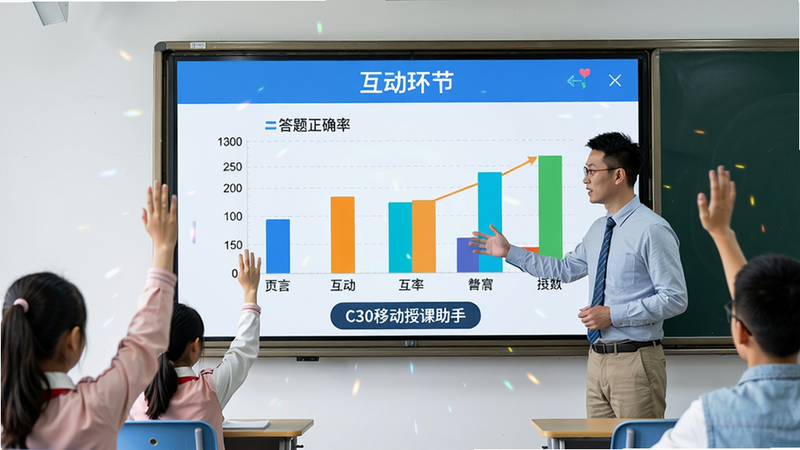 主体:大屏幕投屏展示实时互动结果,柱状图显示答题正确率,下方有“C30移动授课助手”标识。布局:屏幕居中,教师侧身指导。排版:图表清晰,颜色鲜明。风格:教学场景实拍,明亮整洁。细节:学生举手示意,屏幕上有“互动环节”字样。画质:高分辨率,动态感。