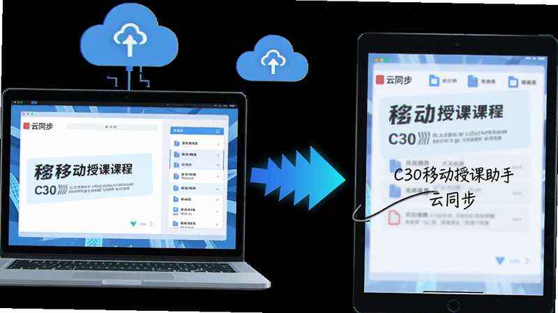 主体:笔记本电脑与平板同步显示同一份课件,平板屏幕标注“C30移动授课助手 云同步”。布局:左右并列,无线连接符号。排版:科技感强,突出同步箭头。风格:数字艺术,扁平化设计。细节:云端图标,文件列表显示。画质:高对比度,无多余元素。