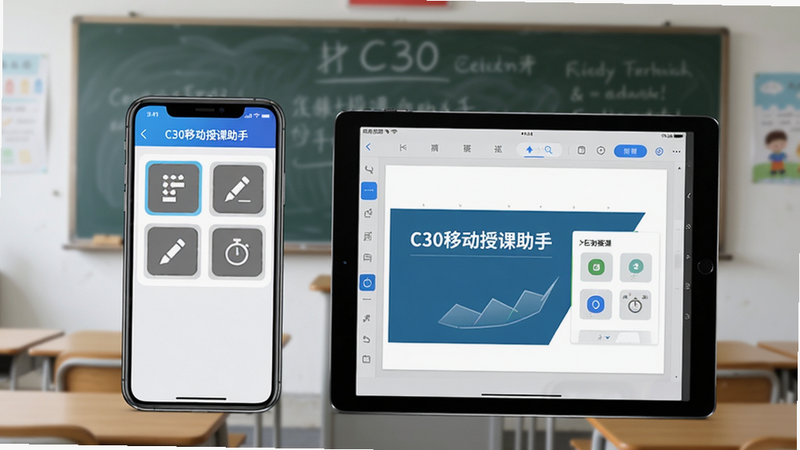主体:手机和平板并排展示,屏幕上都显示“C30移动授课助手”操控界面,背景为教室黑板。布局:左右对称,设备居中。排版:清晰展示软件操作面板。风格:产品展示风,简洁科技感。细节:手机界面有翻页、画笔、计时器等按钮,平板界面显示全屏课件。画质:高清,光线均匀,背景虚化。