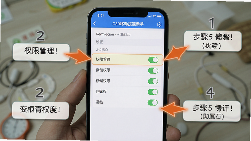 主体:手机屏幕显示“C30移动授课助手”设置界面,高亮“权限管理”“存储权限”等选项。布局:手机居中,周围有提示箭头。排版:清晰标注步骤。风格:截图式UI,白底。细节:权限开关处于打开状态。画质:超清,无多余元素。