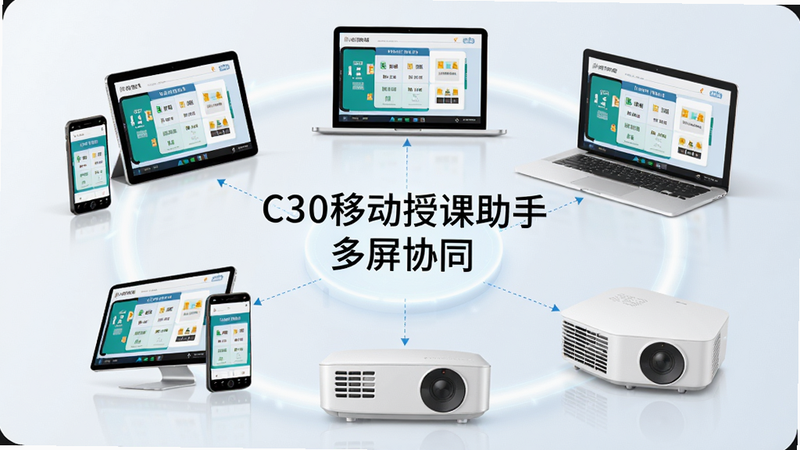 主体:多台设备(手机、平板、电脑、投影仪)同时显示相同内容,中间标注“C30移动授课助手 多屏协同”。布局:环绕式排列,中心放射。排版:对称美。风格:科技场景渲染。细节:每台设备屏幕均有相同教学界面,连接线虚线示意。画质:4K画质,干净明亮。