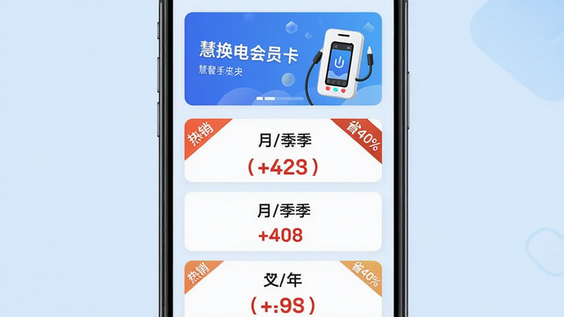 主体:手机支付界面,显示套餐列表及优惠标签。布局:上方为“慧换电会员卡”宣传图,下方为三个套餐卡片(月/季/年)。排版:垂直排列,价格用括号标红。风格:清新商务风,浅蓝背景。细节:卡片上有“热销”“省40%”角标。画质:平滑,无杂乱元素