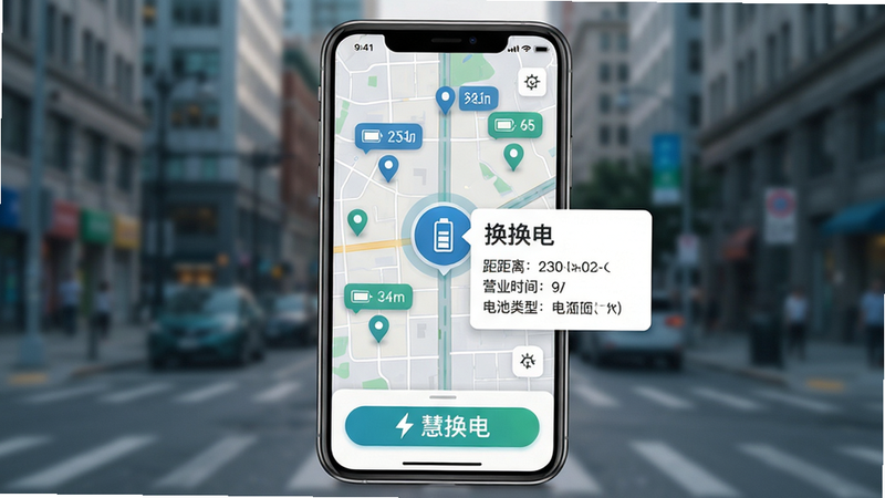 主体:手机地图界面,多个换电站点标记,其中一个被选中并显示详情弹窗。布局:手机屏幕居中,背景为模糊的城市街景。排版:地图占画面70%,弹窗位于底部30%,包含“慧换电”导航按钮。风格:扁平UI结合轻拟物,蓝绿主色调,干净简洁。细节:站点标记旁有电池图标及剩余数量,弹窗显示距离、营业时间、电池类型。画质:高清,无多余元素