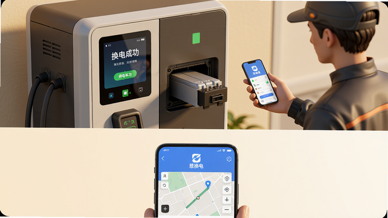 主体:一辆电动车停靠在智能换电柜前,一位骑手正在扫码。布局:左侧换电柜呈现代科技感,右侧骑手手持手机,画面中心为电池弹出瞬间。排版:上下分层,上为换电柜与骑手互动,下为慧换电App界面截图。风格:写实3D渲染,暖色调,光线明亮,突出便捷与高效。细节:换电柜屏幕显示“换电成功”,手机界面有“慧换电”Logo及导航地图。画质:超清4K,干净无多余杂物