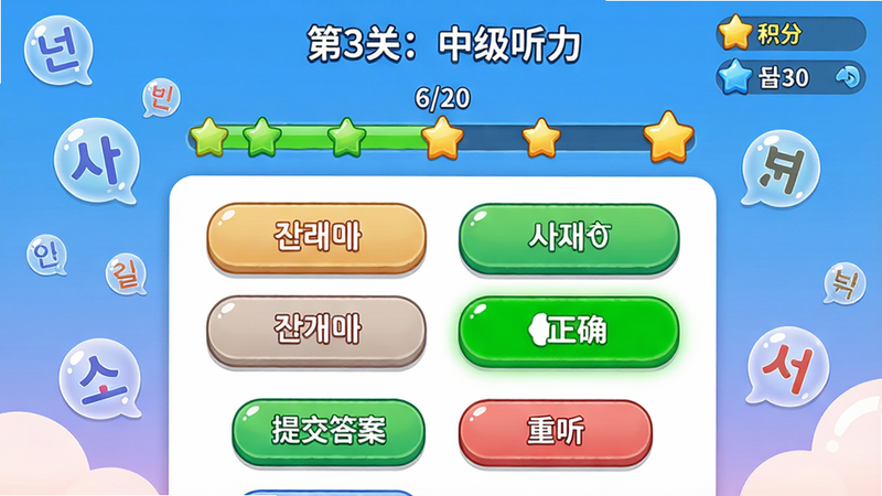 主体:轻松学韩语app内的TOPIK真题闯关界面,显示“第3关:中级听力”标题。布局:上方是关卡进度条(6/20),中间是听力选择题界面,有四个选项按钮,下方有“提交答案”和“重听”按钮。排版:选项按钮用圆角矩形,绿色高亮正确选项。风格:卡通风闯关设计,背景有韩语字母气泡装饰。细节:右上角显示积分和排名,进度条上有星星图标。画质:高清,色彩鲜艳,无多余元素。