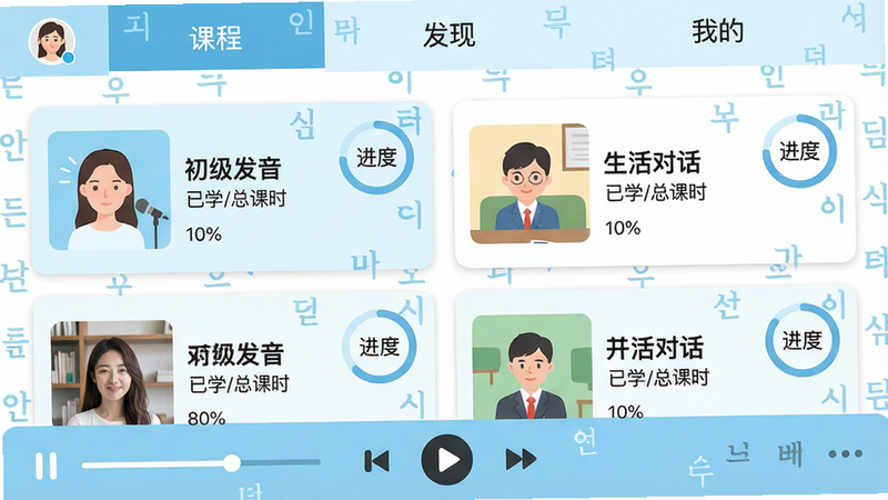 主体:轻松学韩语app主界面截图,展示课程列表和用户头像。布局:顶部导航栏含“课程”“发现”“我的”三个标签,中间是卡片式课程条目(如“初级发音”“生活对话”),底部为播放控制区。排版:左右对称,文字清晰,卡片间距均匀。风格:扁平化设计,主色调为浅蓝+白色,搭配韩语字母装饰元素。细节:每张卡片右上角有“进度”百分比环,课程名称下方显示“已学/总课时”数字。画质:高清1080p,干净无多余元素,无UI遮挡。