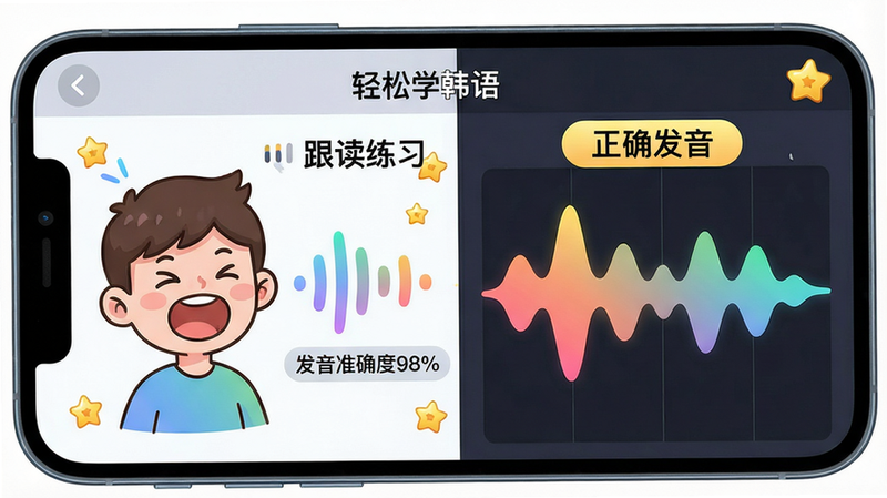 主体:手机屏幕上显示“轻松学韩语”语音跟读界面,一个卡通人物嘴巴张开,旁边有音波图和“发音准确度98%”字样。布局:屏幕左侧为发音动画,右侧为波形对比。排版:文字“跟读练习”和“正确发音”高亮。风格:清新卡通教育风格,色彩柔和。细节:音波颜色渐变,界面有星星奖励图标。画质:清晰,干净。