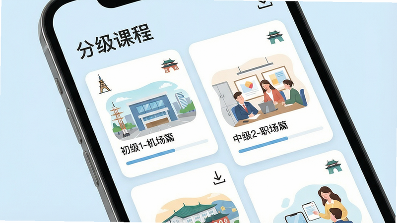 主体:手机屏幕展示“轻松学韩语”课程列表,有“初级1-机场篇”、“中级2-职场篇”等卡片,每个卡片有场景插图。布局:网格排列,背景为淡蓝色。排版:标题“分级课程”置于顶部,卡片下方显示进度条。风格:简约卡片式设计,清新文艺。细节:卡片上有首尔地标小图标,右上角有下载箭头。画质:高清,干净,无多余元素。