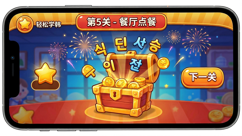 主体:手机屏幕上显示“轻松学韩语”闯关界面,中央是一个宝箱和金币动画,顶部有“第5关 - 餐厅点餐”字样。布局:宝箱居中,左侧显示已获星星数,右侧有下一关按钮。排版:色彩明亮,金色和红色为主。风格:游戏化UI,卡通可爱。细节:宝箱打开飞出韩语字母,背景有烟花特效。画质:高清,干净,无多余元素。