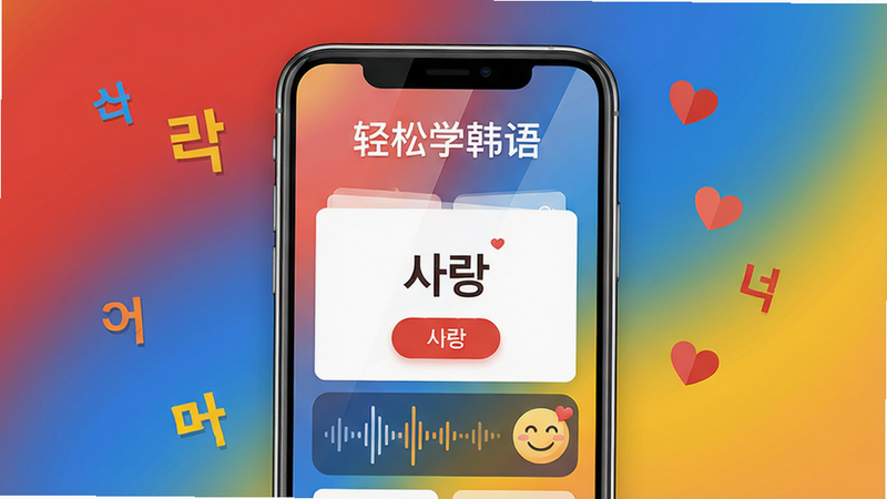 主体:一个手机屏幕显示“轻松学韩语”APP界面,界面中有韩语单词卡片、语音波形图和笑脸图标。布局:手机居中,背景为渐变的韩式传统色彩(红蓝黄)。排版:界面简洁清晰,顶部有“轻松学韩语”标题,中间有单词“”和发音按钮。风格:扁平化现代设计,明亮温暖色调。细节:手机屏幕反射柔和光线,周围有散落的韩语字母和爱心。画质:高清,干净,无多余元素。