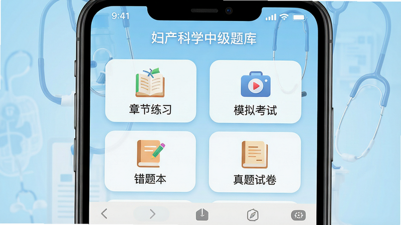 主体:手机屏幕特写,显示“妇产科学中级题库”APP首页,包含“章节练习”“模拟考试”“错题本”“真题试卷”四个大图标,布局为2×2网格,背景为浅蓝色渐变医学风格,按钮采用圆角卡片设计,风格扁平现代,细节:屏幕顶部有状态栏,底部有虚拟导航键,画质高清,干净无多余元素