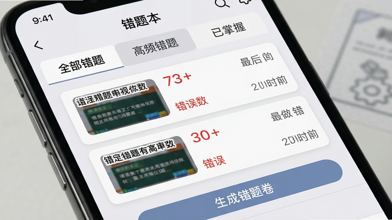 主体:手机屏幕显示“错题本”页面,顶部有“全部错题”“高频错题”“已掌握”三个选项卡,中间为错题列表,每条错题显示题目预览、错误次数(红色数字)和最后做错时间,底部有“生成错题卷”按钮,背景为浅灰色,列表项之间用细线分隔,风格卡片式,细节:右上角有搜索图标和设置齿轮,画质干净,字体清晰