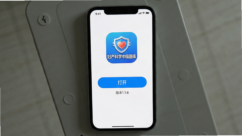主体:手机屏幕显示安装完成后的界面,屏幕中央有一个“打开”按钮,下方有“版本1.1.6”文字,背景为纯白色,布局居中,风格APP安装成功页,细节:按钮为蓝色圆角矩形,文字“妇产科学中级题库”及图标上方展示,画质清晰,干净无多余元素