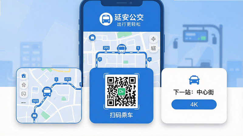 主体:延安公交app手机界面展示,包含实时线路图、扫码乘车二维码和到站提醒弹窗。布局:屏幕居中摆放,上方显示“延安公交”logo和标语“出行更轻松”,下方三个功能卡片依次排列。排版:卡片式设计,圆角,阴影,清晰易读。风格:扁平化UI,蓝白配色,现代简洁。细节:地图上标注了公交车移动图标,线路数字清晰;扫码区域有“扫码乘车”字样;到站提醒显示“下一站:中心街”。画质:4K超清,干净无多余元素。
