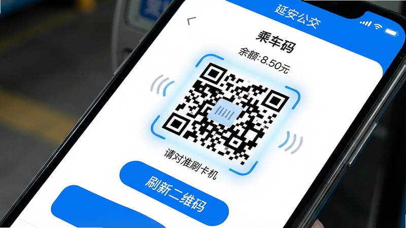 主体:延安公交app扫码乘车界面,手机屏幕上显示一个动态二维码。布局:二维码居中,周围有“乘车码”标题、余额显示和“刷新二维码”按钮。排版:简洁大方,二维码有光影效果。风格:支付类界面,白色背景,蓝色主题按钮。细节:二维码下方有“请对准刷卡机”提示文字,余额显示为“可用余额:8.50元”。画质:高清,无多余元素。