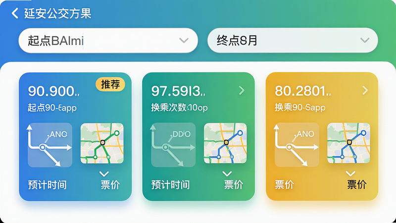 主体:延安公交app线路规划结果页面,展示三种可选方案。布局:顶部输入框显示起点和终点,下方三个方案卡片横向排列。排版:每个卡片包含线路编号、换乘次数、预计时间、票价,并用不同颜色区分。风格:卡片式设计,圆角,阴影,蓝绿黄渐变色。细节:第一个方案标有“推荐”标签,线路图用小地图缩略图表示。画质:清晰锐利,无多余元素。