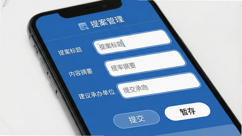 主体:手机屏幕展示提案提交界面,包含“提案标题”“内容摘要”“建议承办单位”等表单字段。布局:表单从上到下排列,底部有“提交”和“暂存”按钮。排版:字段标签左对齐,输入框右侧留白。风格:政务蓝背景,表单元素圆角边框。细节:输入框内有浅色占位文字,顶部显示“提案管理”标题。画质:清晰,无多余元素。