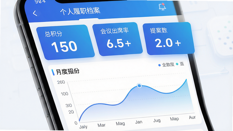 主体:手机屏幕展示个人履职档案页面,包含“总积分”“会议出席率”“提案数”等数据卡片,下方有月度曲线图。布局:数据卡片横向排列,图表占下半屏。排版:字体大小区分主次,积分数字突出显示。风格:数据可视化风格,蓝色系渐变。细节:图表横轴为月份,纵轴为积分,曲线平滑。画质:高清,无多余装饰。