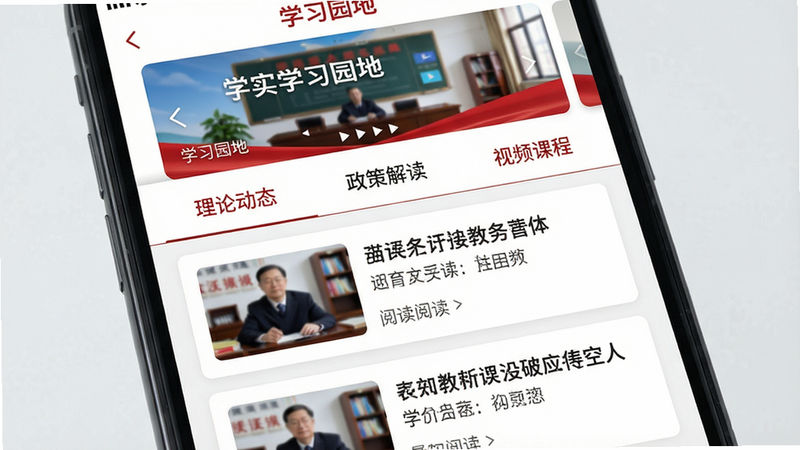 主体:手机屏幕展示学习园地列表页,包含“理论动态”“政策解读”“视频课程”三个分类标签,下方为文章卡片。布局:顶部轮播Banner,中部标签导航,下部列表。排版:卡片封面图左,文字标题右。风格:简约教育风,配以红色点缀。细节:每张卡片显示略缩图、标题和阅读量。画质:清晰干净。