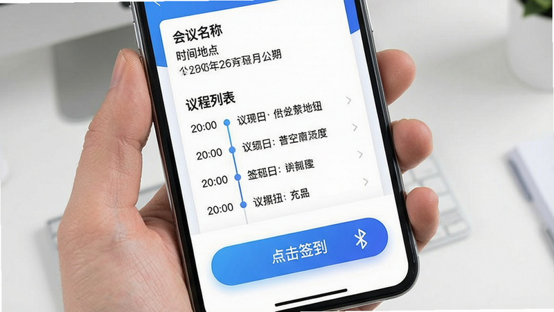 主体:手机屏幕展示会议详情页面,包含“会议名称”“时间地点”“议程列表”“签到按钮”。布局:信息分栏展示,签到大按钮位于底部居中。排版:议程列表以时间轴形式呈现。风格:蓝白配色,按钮使用渐变色。细节:签到按钮有“点击签到”字样,旁边显示蓝牙图标。画质:干净,无多余元素。