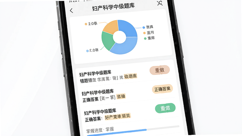 主体为手机屏幕显示“妇产科学中级题库”的错题本界面,列表中有错题和正确答案标注,顶部有统计饼图,布局竖直排列,风格清新,细节有“重做”按钮和掌握进度条,画质细腻,干净无多余元素