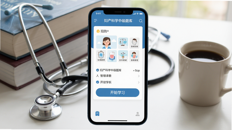 主体为手机屏幕显示“妇产科学中级题库”App首页,背景有医学书籍、听诊器和咖啡杯,布局居中,排版简洁,风格写实,细节显示“开始学习”按钮,画质高清,干净无多余元素