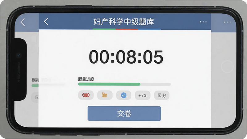 主体为手机屏幕展示“妇产科学中级题库”的模拟考试倒计时界面,中央有倒计时数字,下方有题目进度条和标记按钮,布局居中对称,风格严肃正式,细节有“交卷”按钮,画质干净,无多余元素