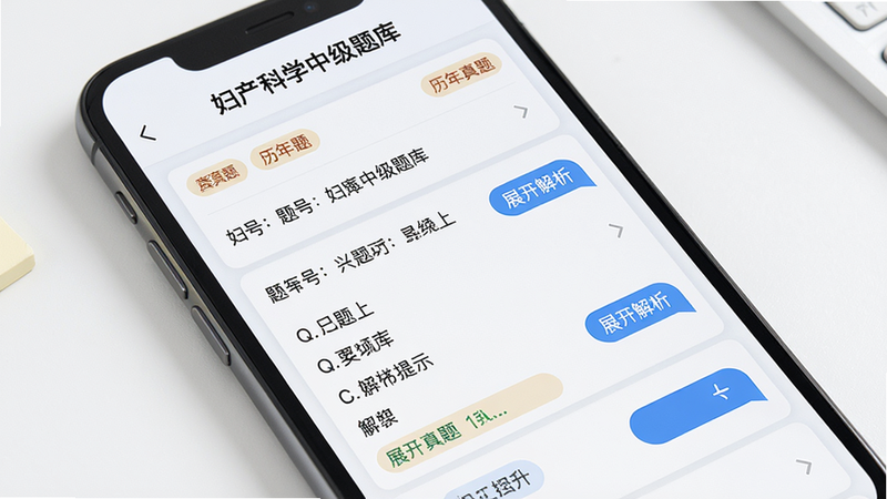 主体为手机屏幕展示“妇产科学中级题库”的真题列表,列表项显示题号、题干、选项及解析提示,布局列表式排列,风格现代简洁,细节有“历年真题”标签和“展开解析”按钮,画质高清,干净无多余元素
