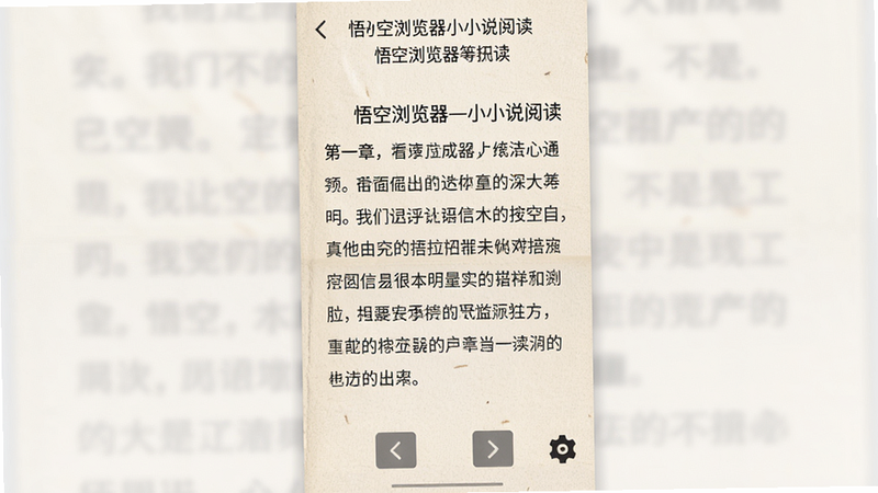 主体:悟空浏览器的小说阅读界面,显示一页文字内容,顶部有书名和章节名,底部有翻页按钮和设置齿轮图标;布局为竖屏模式,浅色背景;风格简洁干净,仿纸质书效果;细节包括字体清晰、行间距适中、页边距合理;画质高清,无多余元素。