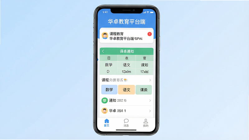 主体:一部智能手机屏幕显示华卓教育平台端主界面,上方有“华卓教育平台端”字样,中间为课程表与通知列表,底部导航栏含“首页、消息、我的”。布局:手机居中,背景为浅蓝色渐变。排版:界面图标清晰,文字可读。风格:扁平化、现代教育风格。细节:通知栏有红色未读标记,课程表显示数学、语文等课程。画质:高清、干净、无多余元素。