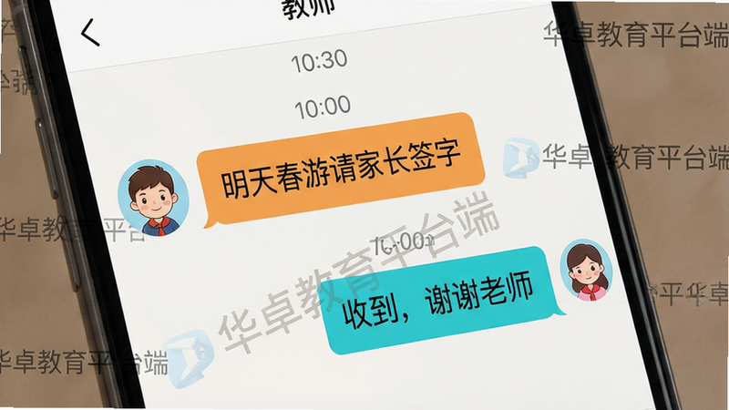 主体:手机界面展示家校聊天窗口,教师头像发送“明天春游请家长签字”消息,家长回复“收到,谢谢老师”。布局:对话框上下排列,时间戳清晰。排版:消息气泡左右分色。风格:IM聊天风格,温馨。细节:头像用卡通人物,背景有“华卓教育平台端”水印。画质:高清、干净。