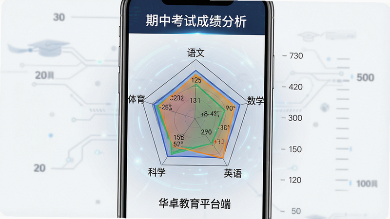 主体:手机屏幕显示成绩雷达图,五边形分别标注语文、数学、英语、科学、体育,数值用不同颜色填充。布局:图表居中,下方有“华卓教育平台端”文字。排版:数据刻度清晰。风格:数据可视化,简洁科技。细节:顶部有“期中考试成绩分析”标题。画质:高清,无多余元素。