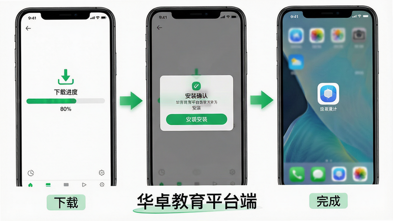 主体:三部手机并排展示安装流程:左侧为下载进度条,中间为安装确认弹窗,右侧为应用图标出现在桌面上。布局:三张截图横向排列,底部有“华卓教育平台端”字样。排版:每张图下方有小标签“下载”“安装”“完成”。风格:教程风格,绿色箭头指引。细节:下载进度条显示80%,安装按钮高亮。画质:高清、干净。