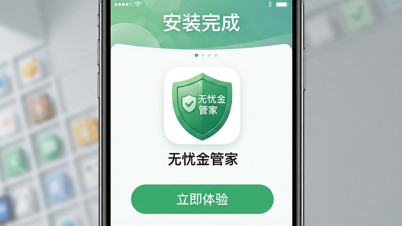 主体:手机屏幕显示无忧金管家App安装成功界面,背景有“安装完成”提示;布局:居中,下方是一键开启按钮;排版:大图标+按钮;风格:清新简洁;细节:图标为“无忧金管家”绿色盾牌,按钮文字“立即体验”;画质:高清,干净无多余元素