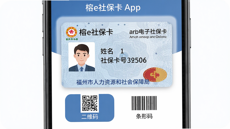 主体:榕e社保卡App电子社保卡页面,布局:屏幕中央显示电子社保卡卡片,卡片上有用户头像、姓名、社保卡号,底部有“二维码”和“条形码”按钮。风格:卡片式设计,仿实体社保卡样式。细节:卡片带有防伪水印和“福州市人力资源和社会保障局”字样。画质:高清,干净,无多余元素。
