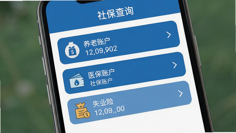 主体:榕e社保卡App的“社保查询”页面,布局:页面顶部有“社保查询”标题,下方以列表形式展示“养老账户”、“医保账户”、“失业险”等条目,每个条目有图标和数值。风格:清晰信息型界面,蓝白配色。细节:每个条目右侧有箭头图标,表示可点击详情。画质:高清,干净,无多余元素。