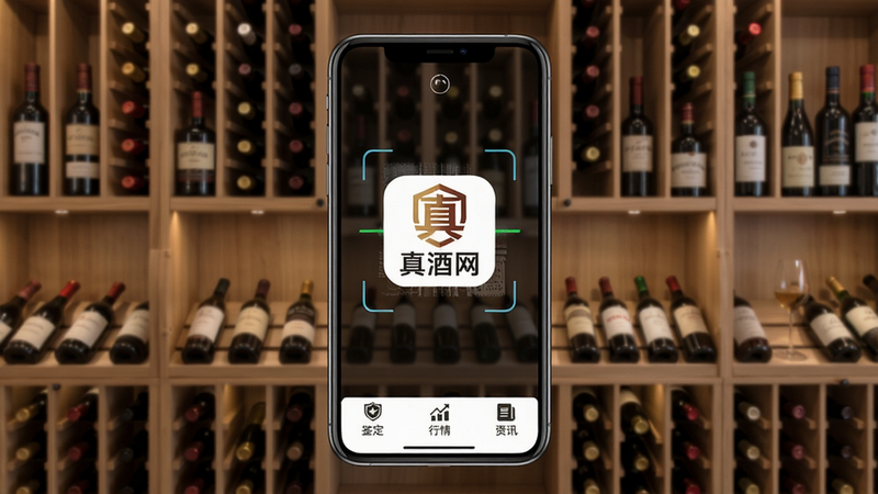 真酒网App主界面,手机屏幕显示酒瓶扫描识别功能,背景为木质酒柜,风格简洁现代,画面中央有“真酒网”logo,底部菜单栏有鉴定、行情、资讯等图标,高清细腻,干净无多余元素,分辨率高。