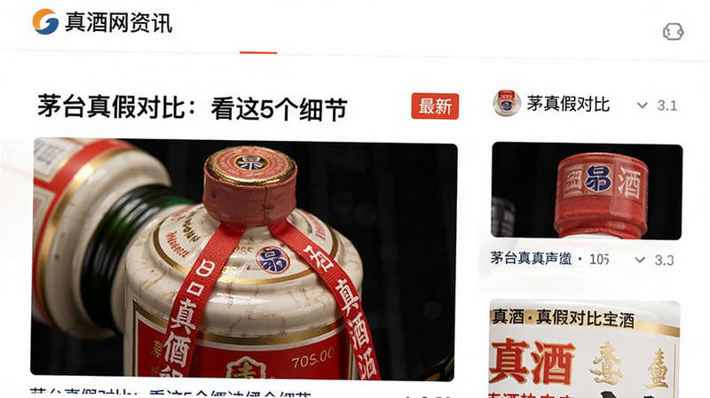 真酒网资讯页面,展示文章列表,标题如“茅台真假对比:看这5个细节”,配图有酒瓶细节特写,风格信息流,有“最新”标签,界面清爽干净,高清。