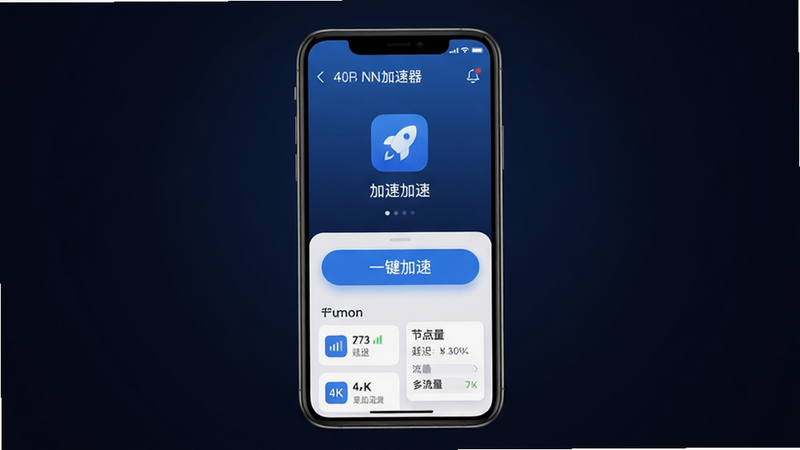 主体:NN加速器App界面展示,主屏幕显示加速按钮和节点列表;布局:居中构图,手机模型竖屏展示,背景为暗色渐变;排版:图标与文字清晰,按钮突出“一键加速”;风格:现代科技感,扁平化UI,蓝色为主色调;细节:信号强度图标、延迟数字、流量统计小窗口;画质:4K超清,光影柔和,干净无多余元素。